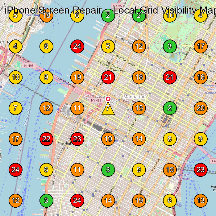 iPhone Screen Repair Phone Repair Service GeoGrid ranking map for New York NY
